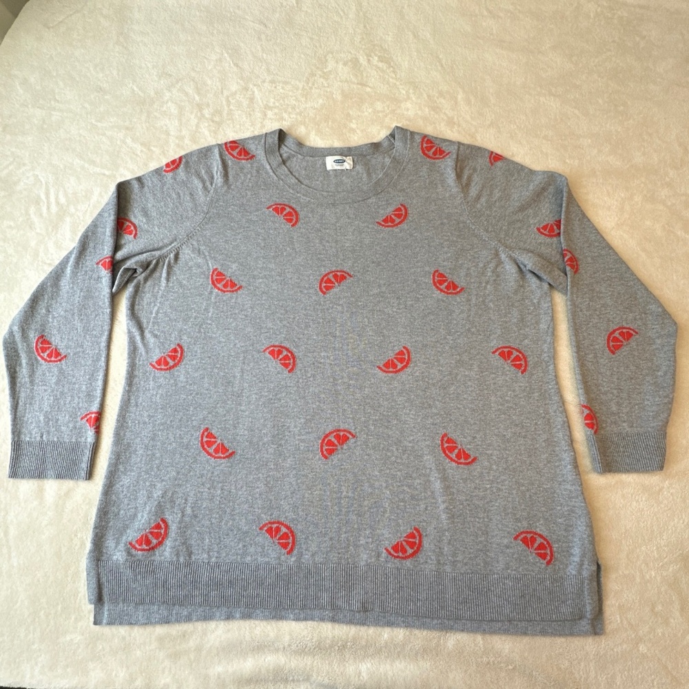 Fruit Print Old Navy Gray Sweater Orange Slice Pattern XXL Crew Pullover Knit